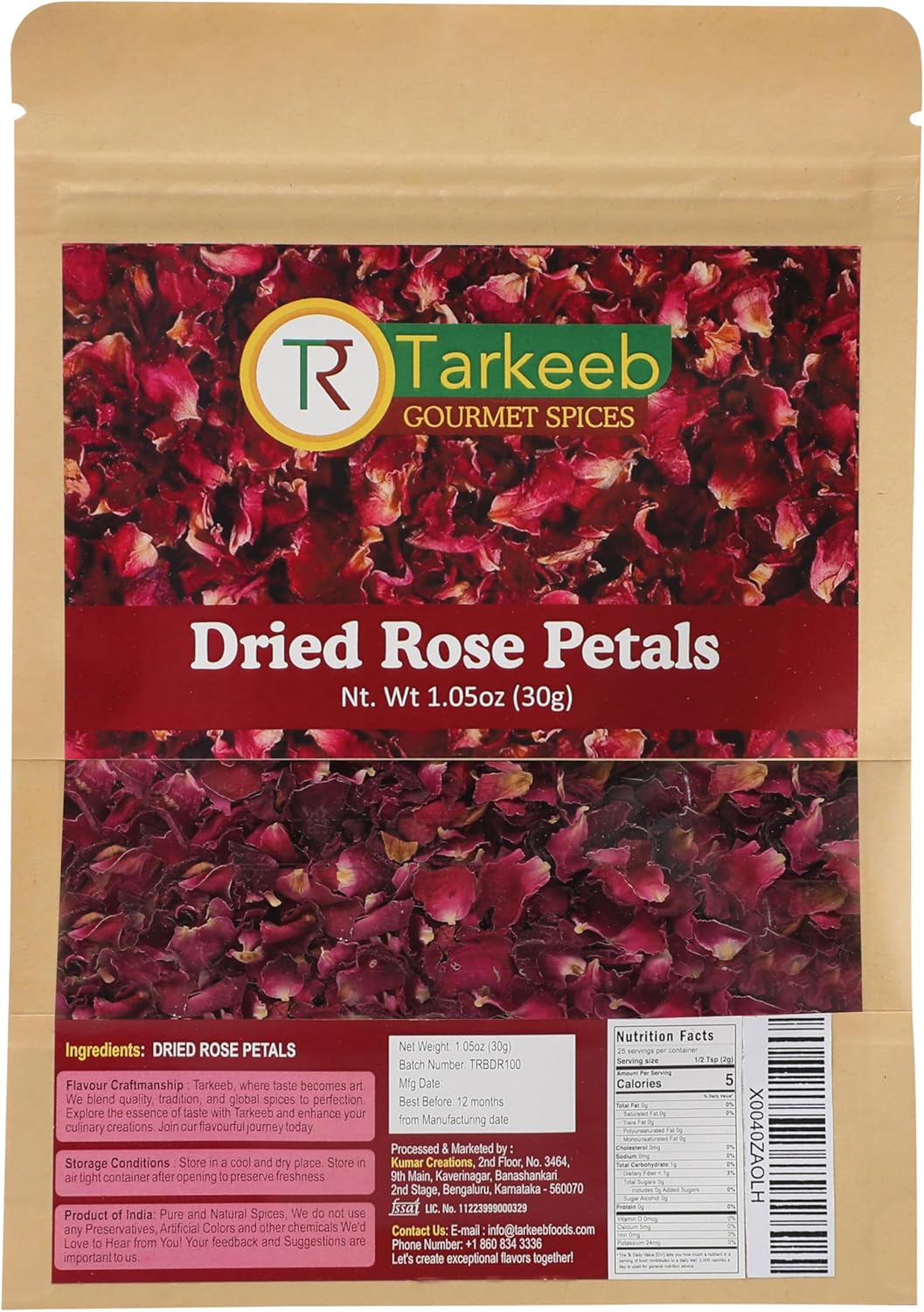 Tarkeeb Dried Rose Petals ~ All Natural | Edible Rose Petals | Dried Flower Petals for Herbal Tea, Decoration, Rose Sprinkles, Topping on Cupcakes, Desserts - Net Weight: 1.05oz/30g | Indian Origin |