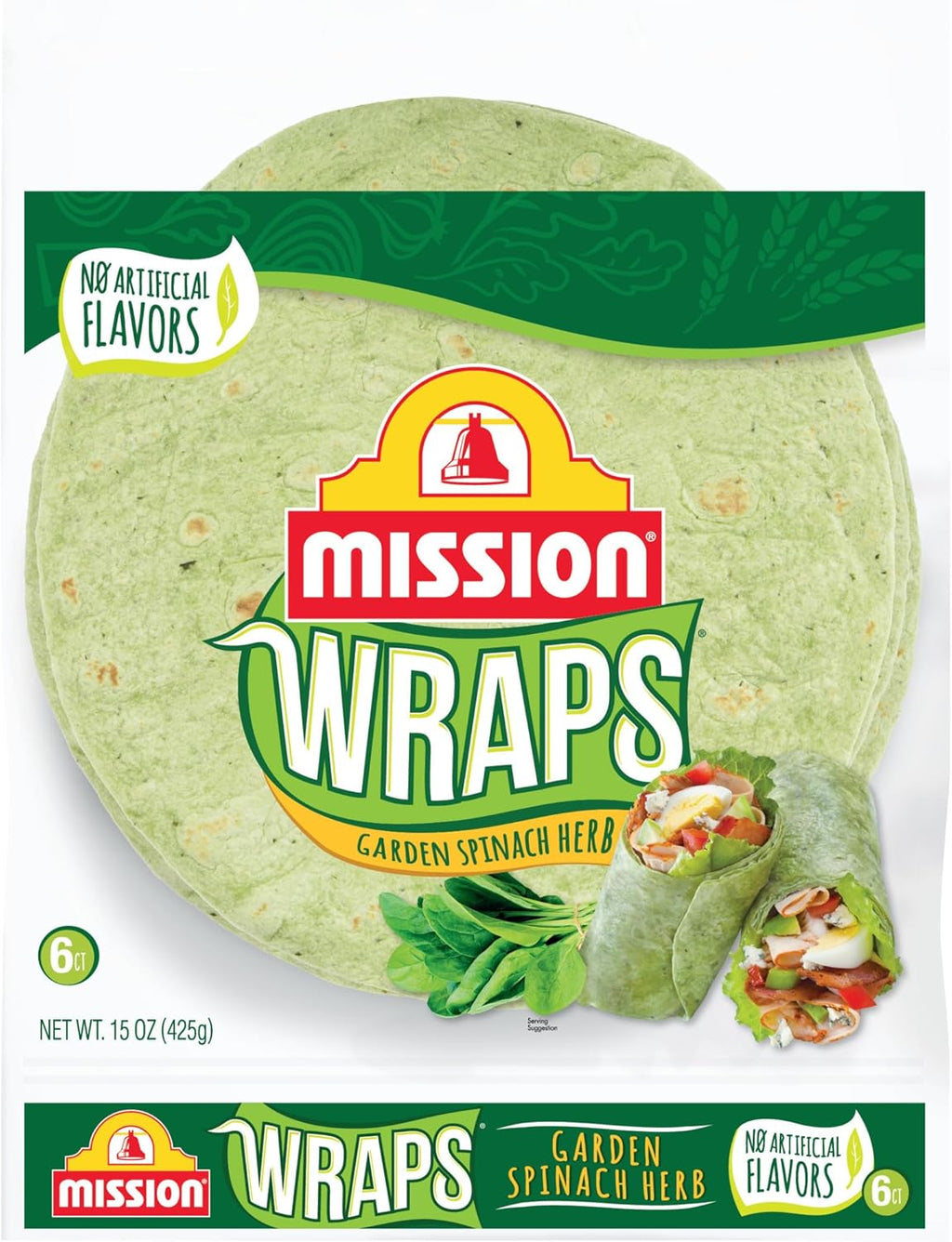 Mission Garden Spinach Herb Wraps, Soft Veggie Wraps, 6 Count, Trans Fat Free