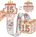 15th Birthday Decorations Pull-Out Money Gift Box for Girls - Pink Rose Gold Happy Fifteen 15th Birthday Party Cash Gift Box with Pull-Out Card - A Fun and Loving Way to Offer Cash Present