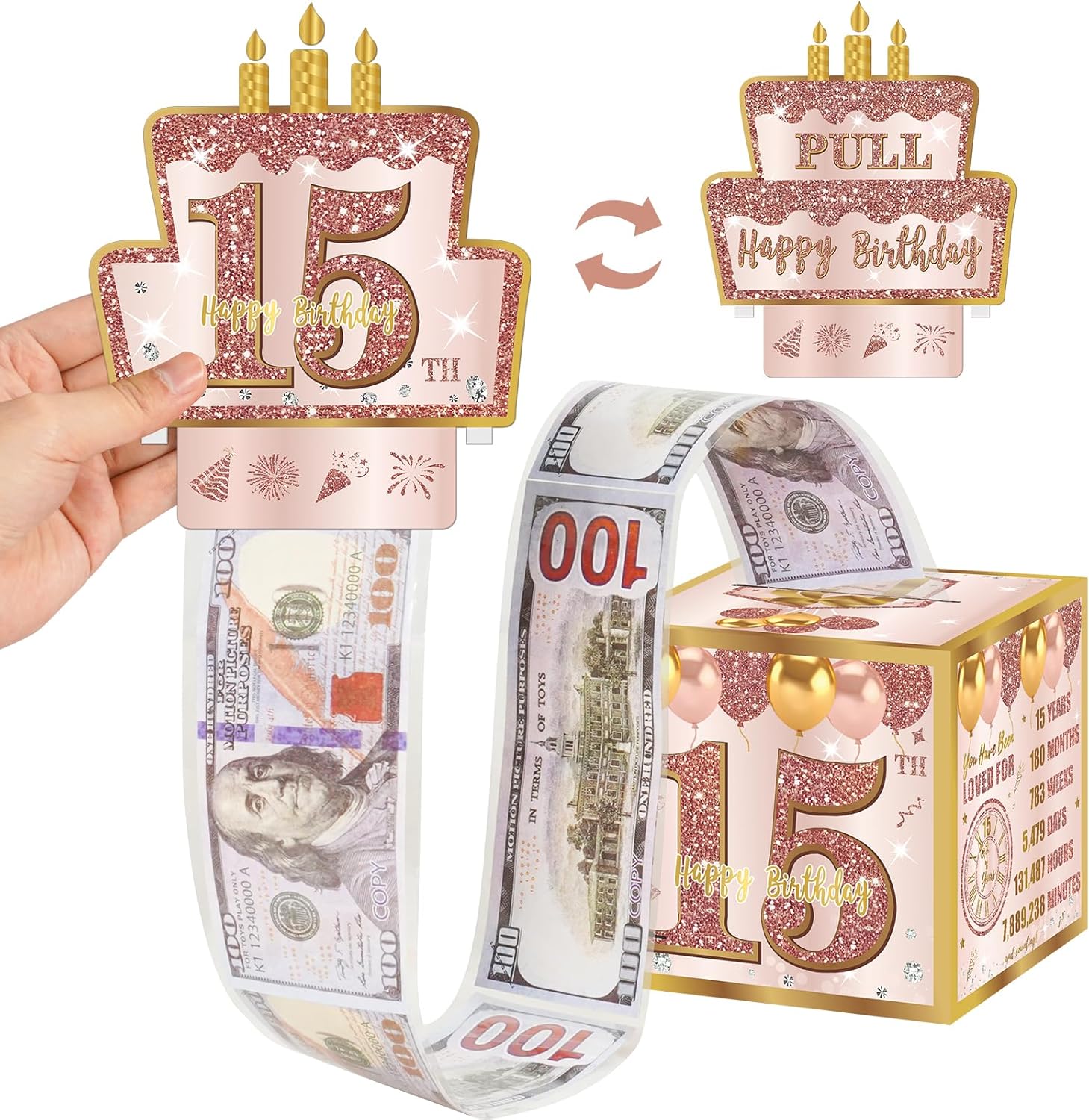 15th Birthday Decorations Pull-Out Money Gift Box for Girls - Pink Rose Gold Happy Fifteen 15th Birthday Party Cash Gift Box with Pull-Out Card - A Fun and Loving Way to Offer Cash Present