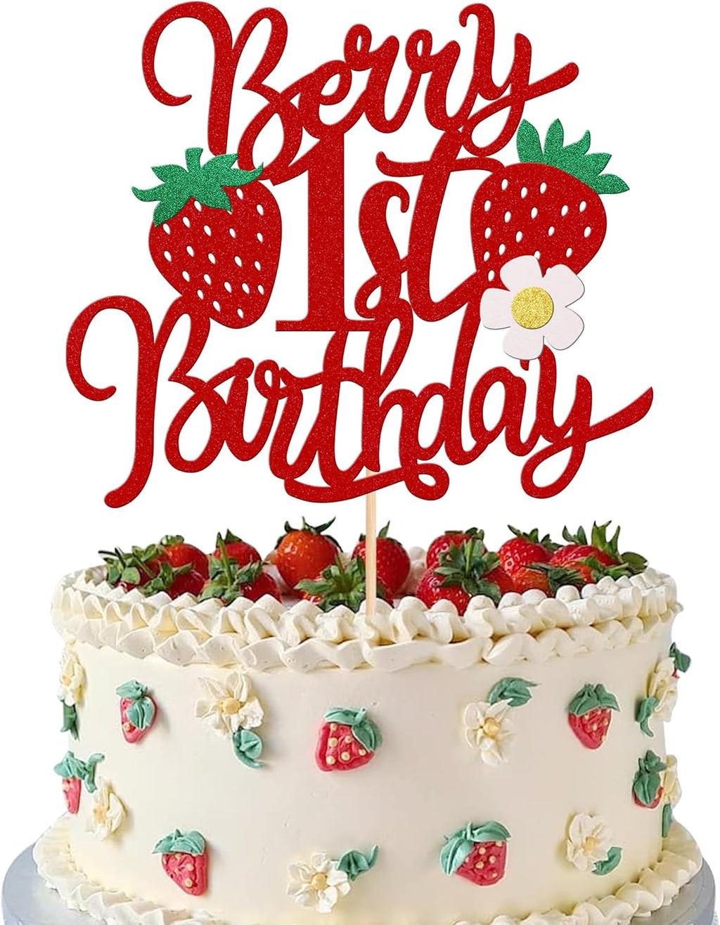 1 PCS Berry 1st Birthday Cake Topper with Flower Glitter Sweet Fruit Theme First Birthday Strawberry One Cake Pick for Strawberry Theme Baby Shower Kids 1st Birthday Party Cake Decorations Supplies