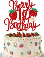 1 PCS Berry 1st Birthday Cake Topper with Flower Glitter Sweet Fruit Theme First Birthday Strawberry One Cake Pick for Strawberry Theme Baby Shower Kids 1st Birthday Party Cake Decorations Supplies