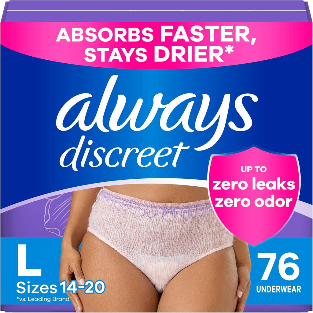 Always Discreet Adult Diapers for Women, Incontinence Underwear, Postpartum Essentials, Disposable Briefs, Max Absorbency, Bladder Leak Protection, Large, 76ct