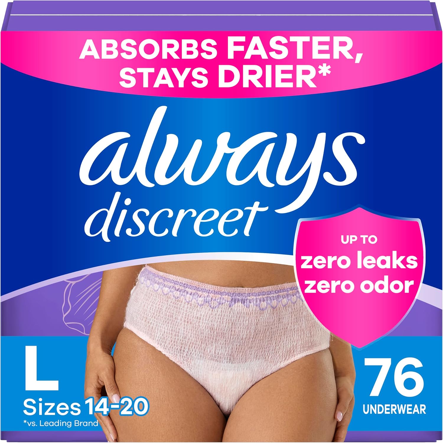Always Discreet Adult Diapers for Women, Incontinence Underwear, Postpartum Essentials, Disposable Briefs, Max Absorbency, Bladder Leak Protection, Large, 76ct