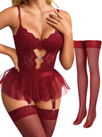 Womens Lingerie Set Sexy Lace Bodysuit with Detachable Mesh Mini Skirt Push up Garter Lingerie Sets(4pcs)