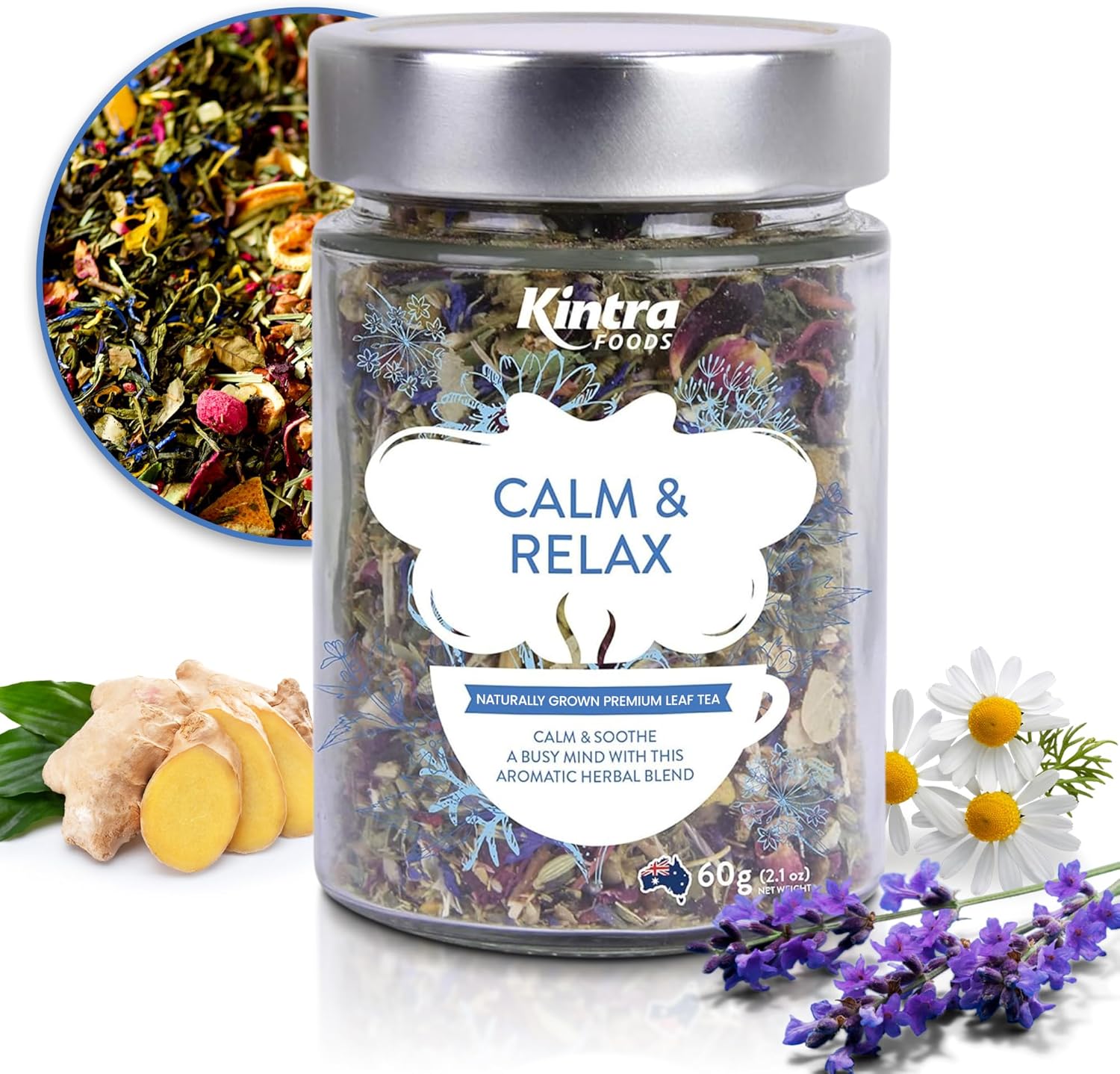 Kintra Foods Calm & Relax Loose Leaf | Herbal Blend With Chamomile, Lavender and Passionflower | Soothing Tea | Caffeine-Free Calming Tea | 60g Jar for Ultimate Relaxation