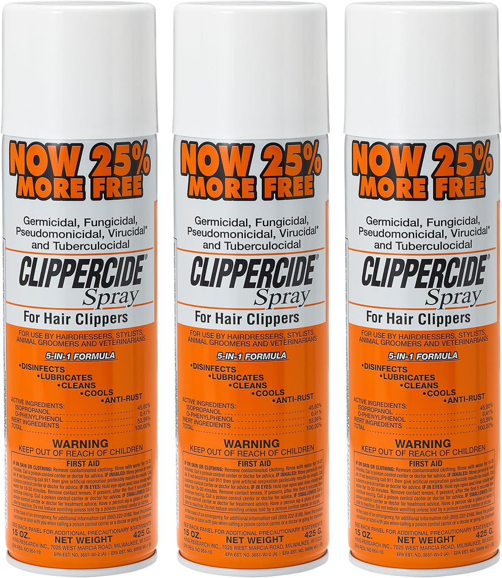 CLIPPERCIDE 5-in-1 Clipper Disinfectant Spray 15oz, 3 Pack | Cleans, Lubricates, Cools, Prevents Rust & Disinfects | Professional Clipper Spray for Barbers, Stylists & Pet Groomers | Made by BARBICIDE