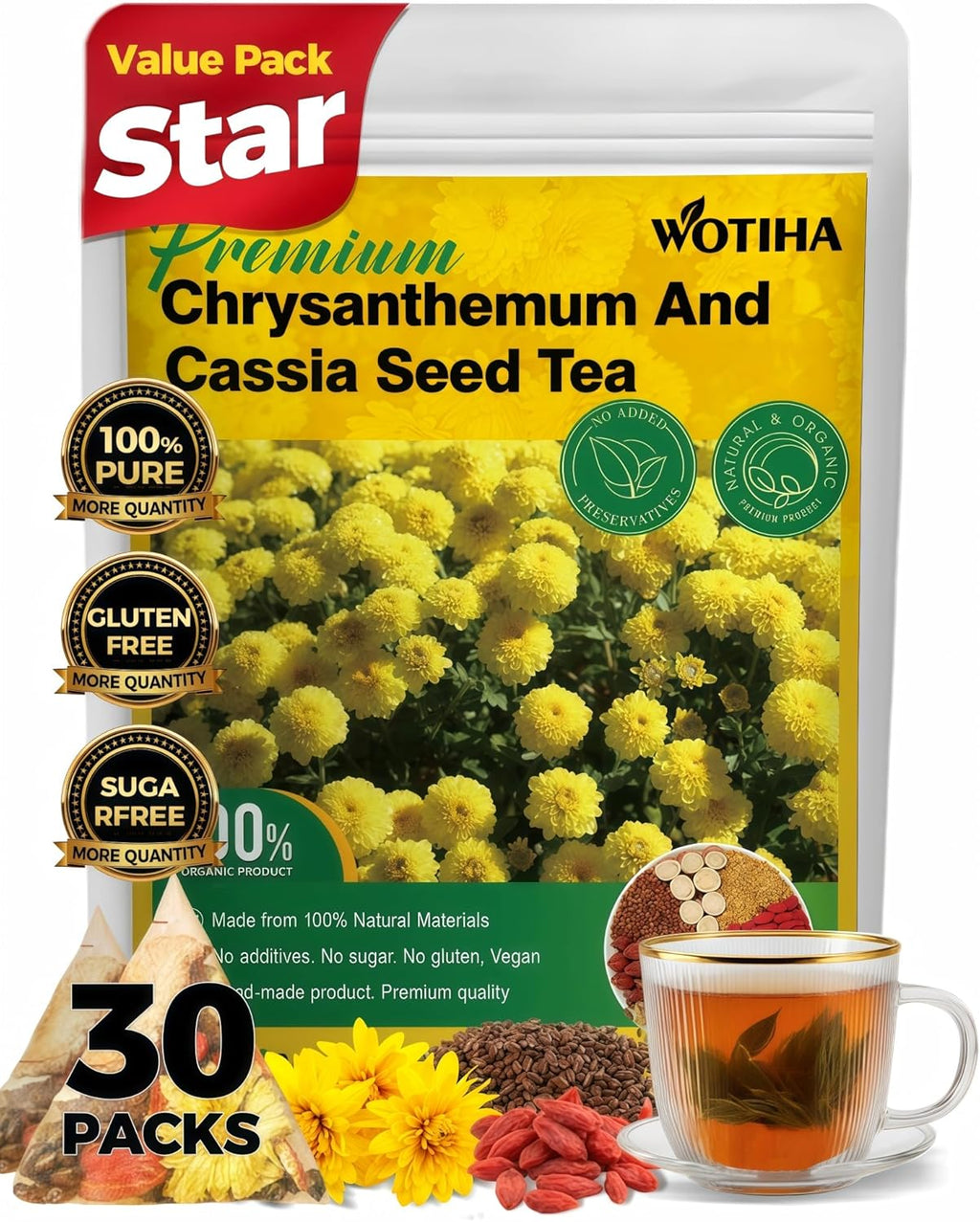 WOTIHA Chrysanthemum cassia seed tea 150g.30 Herbal Tea bags burdock root tea | Honeysuckle | Goji berry | Osmanthus flower | Combination Herbal Tea