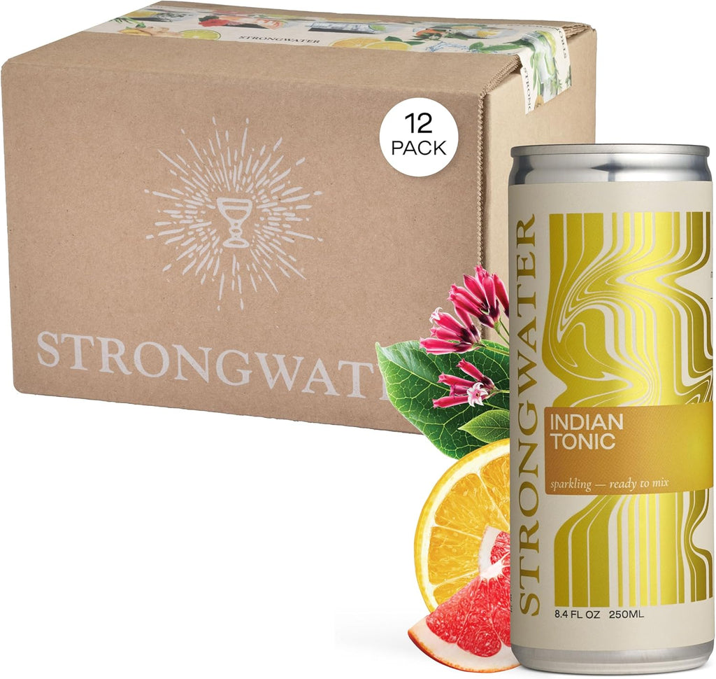 Strongwater Sparkling Indian Tonic Water - 12 Pack Cans (8.4 Fl Oz Each) - Premium Mixer with Quinine, Rocky Mountain Water & Botanicals - No Added Preservatives, Zero Sugar
