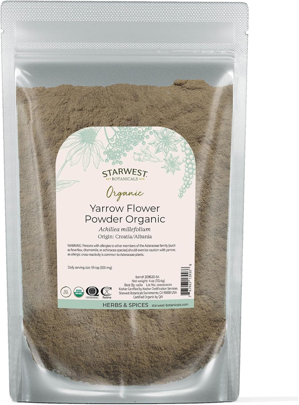 Starwest Botanicals Organic Yarrow Flower Powder - Dried Herb for Tea, Certified Kosher, Non-GMO - 4 oz Pouch