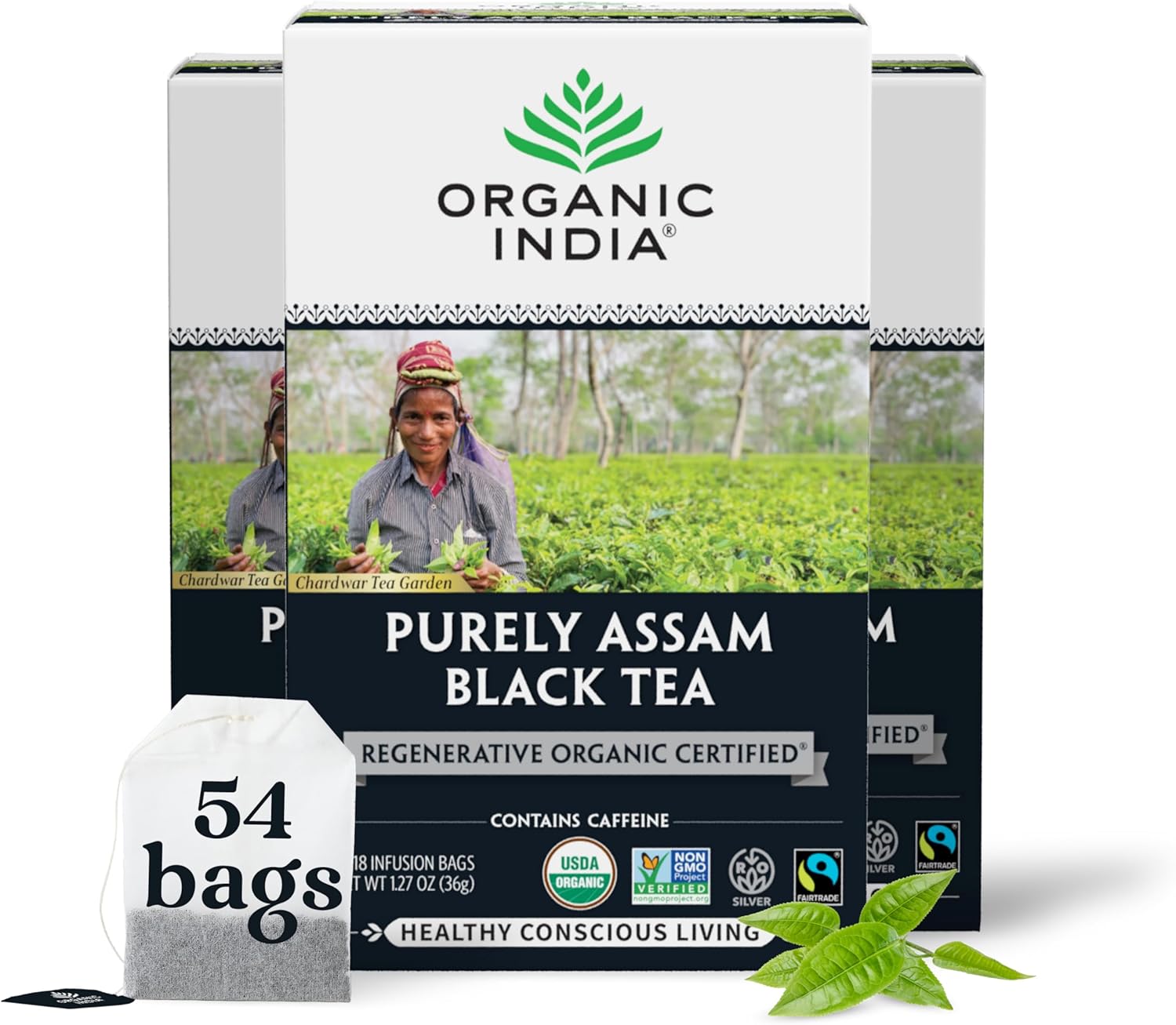 Organic India Purely Assam Black Tea - Caffeinated Herbal Tea Bags with Natural Assam Leaves, Enjoy with Milk & Sweetener, USDA Organic, Non-GMO, Fairtrade Certified - 18 Bags (Pack of 3)