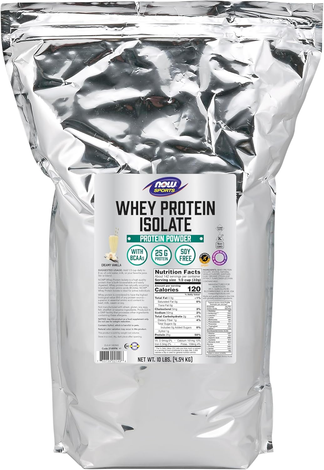 NOW Foods Sports Nutrition, Whey Protein Isolate, 25 g With BCAAs, Creamy Vanilla Powder, 10-Pound
