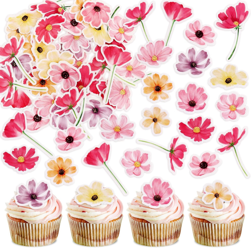 Edible Daisy Flowers Cake Toppers 52pcs – Yellow, Pink & White Wildflower Wafer Paper Cupcake Decorations for Wedding, Birthday, and Themed Cakes –Edible Floral Decorations for Desserts (Wildflower-A)