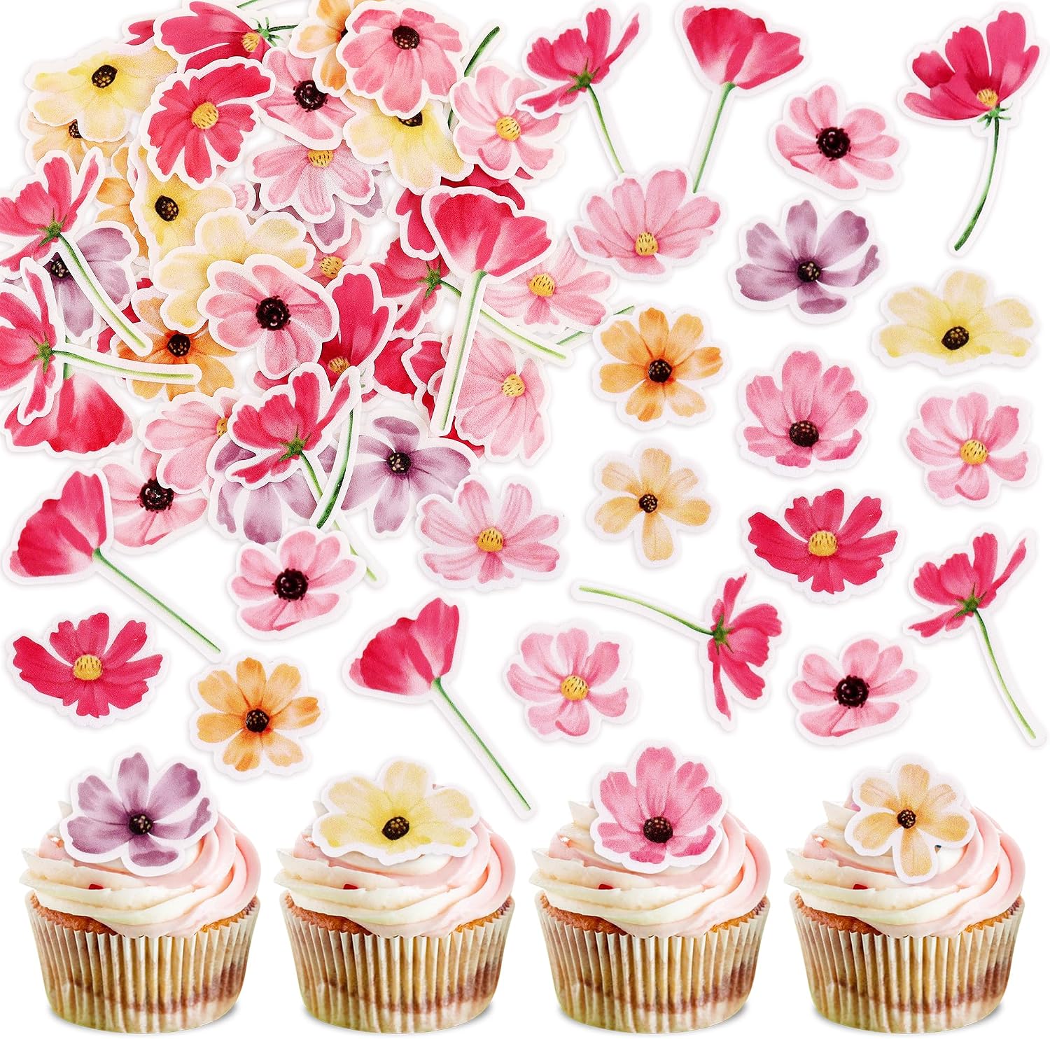 Edible Daisy Flowers Cake Toppers 52pcs – Yellow, Pink & White Wildflower Wafer Paper Cupcake Decorations for Wedding, Birthday, and Themed Cakes –Edible Floral Decorations for Desserts (Wildflower-A)