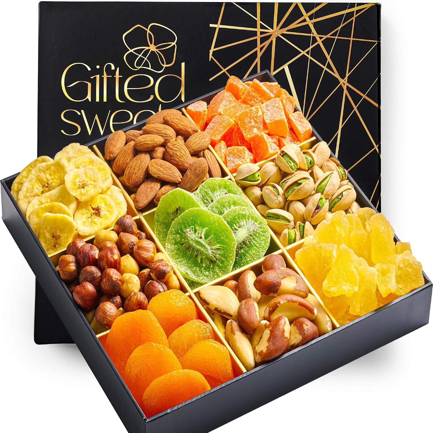 Mothers Day Dried Fruit & Nuts Gift Basket - 9 Variety Assortment Mix - Gourmet Dried Fruit and Nuts Snack Box, In An Elegant Gift Box for Birthday, Anniversary, Sympathy, for Men and Women
