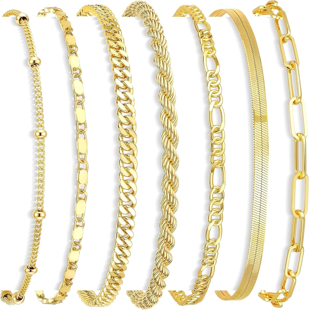 Gokeey 7PCS 14K Gold Plated Bracelets Sets for Women，Dainty Fashion Layered Cuban Link Chain Herringbone Paperclip Chain Bracelets Stack，Trendy Simple Stackable Gold Silver Bracelets Jewelry Gifts