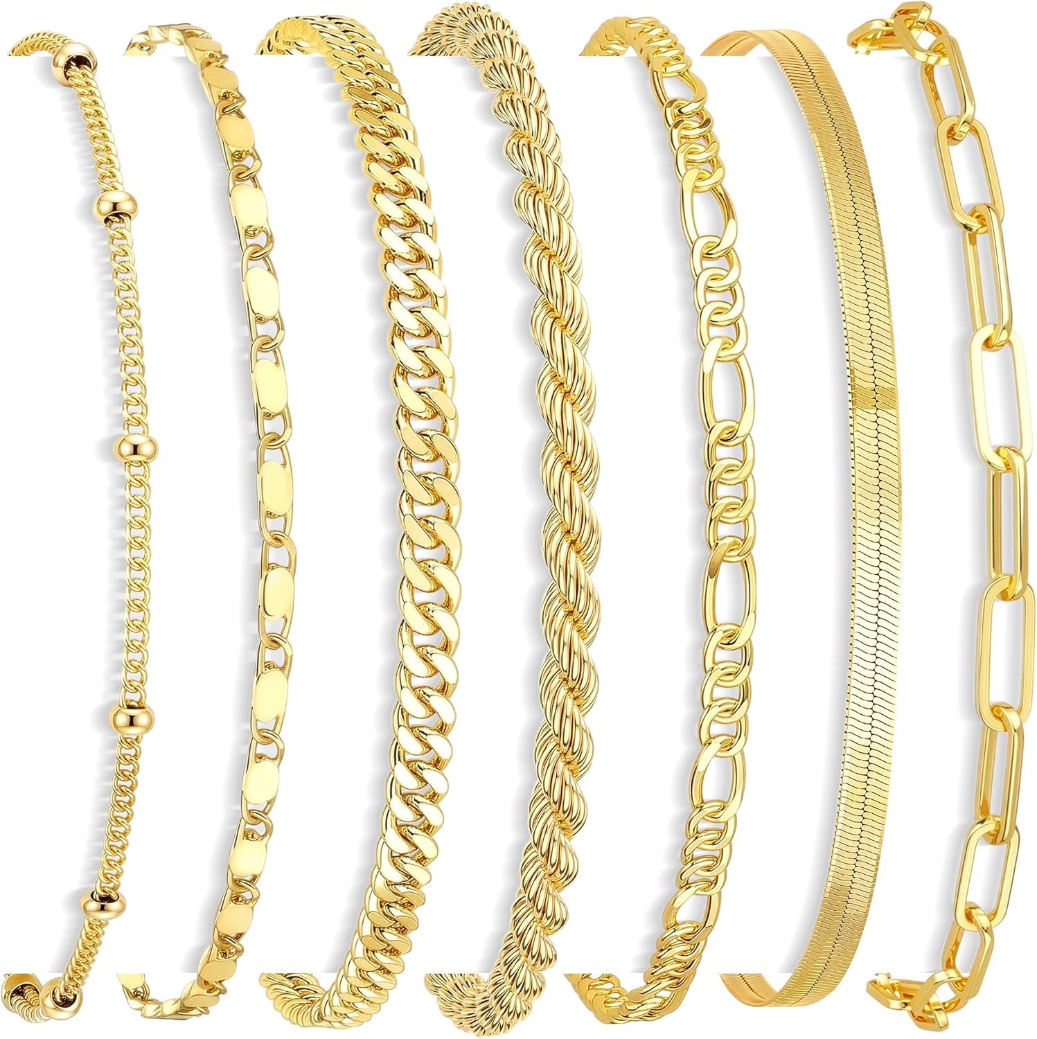 Gokeey 7PCS 14K Gold Plated Bracelets Sets for Women，Dainty Fashion Layered Cuban Link Chain Herringbone Paperclip Chain Bracelets Stack，Trendy Simple Stackable Gold Silver Bracelets Jewelry Gifts