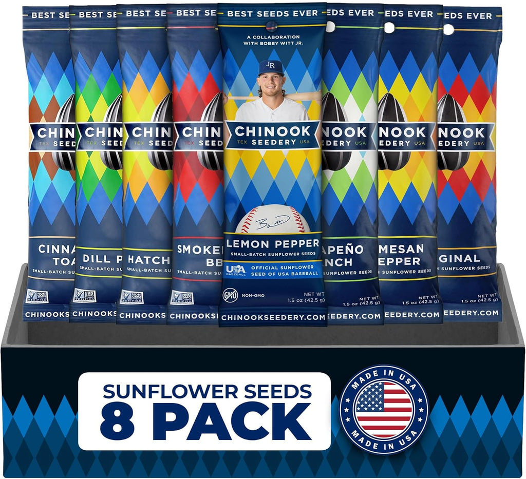 Chinook Seedery Roasted Sunflower Seeds to Eat - 8 Flavor Sampler Pack 1.5 oz (Pack of 8) Jumbo Low Sodium Sunflower Seeds Keto Snacks - Adventure, Baseball, School Snacks -Gluten Free, Non GMO Snacks