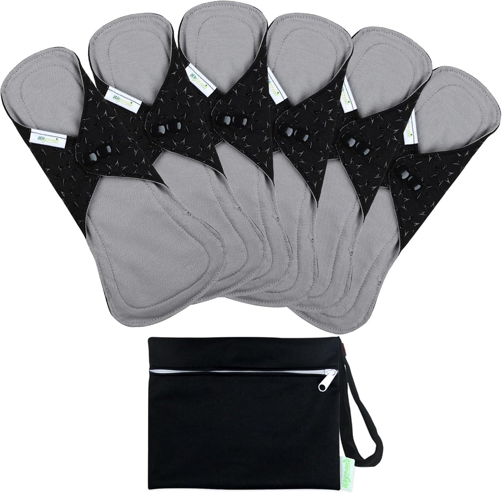 wegreeco 6 Pcs Reusable Menstrual Pads, Ultra Absorbent Cloth Pads for Heavy Flow, Sanitary for Teens, Women, Nonslip, Grey Inner, Black Outer, Medium
