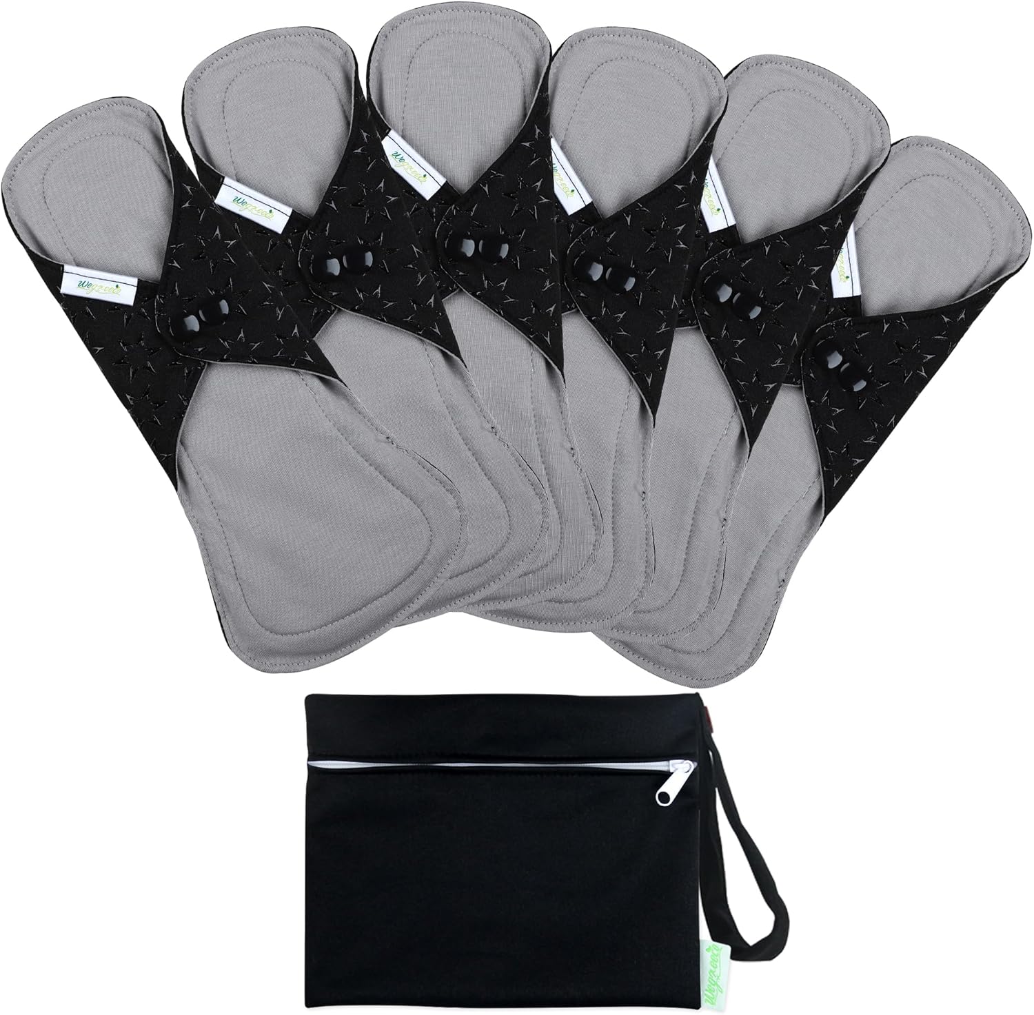 wegreeco 6 Pcs Reusable Menstrual Pads, Ultra Absorbent Cloth Pads for Heavy Flow, Sanitary for Teens, Women, Nonslip, Grey Inner, Black Outer, Medium