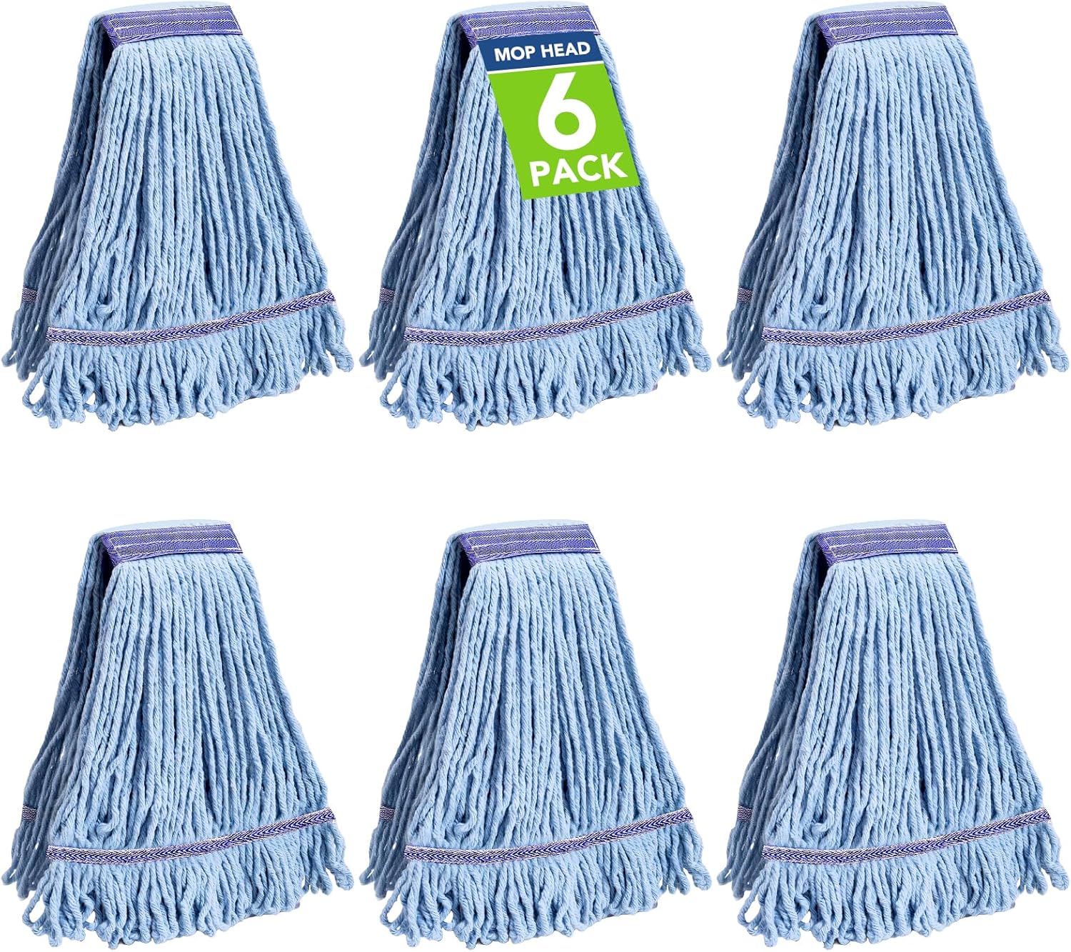 6 Pack Commercial Mop Head Replacement – Heavy Duty Mop Head for General and Floor Cleaning | Industrial Wet Mops | Washable Refill, Reusable, Looped End Mopheads | Hardwood, Concrete