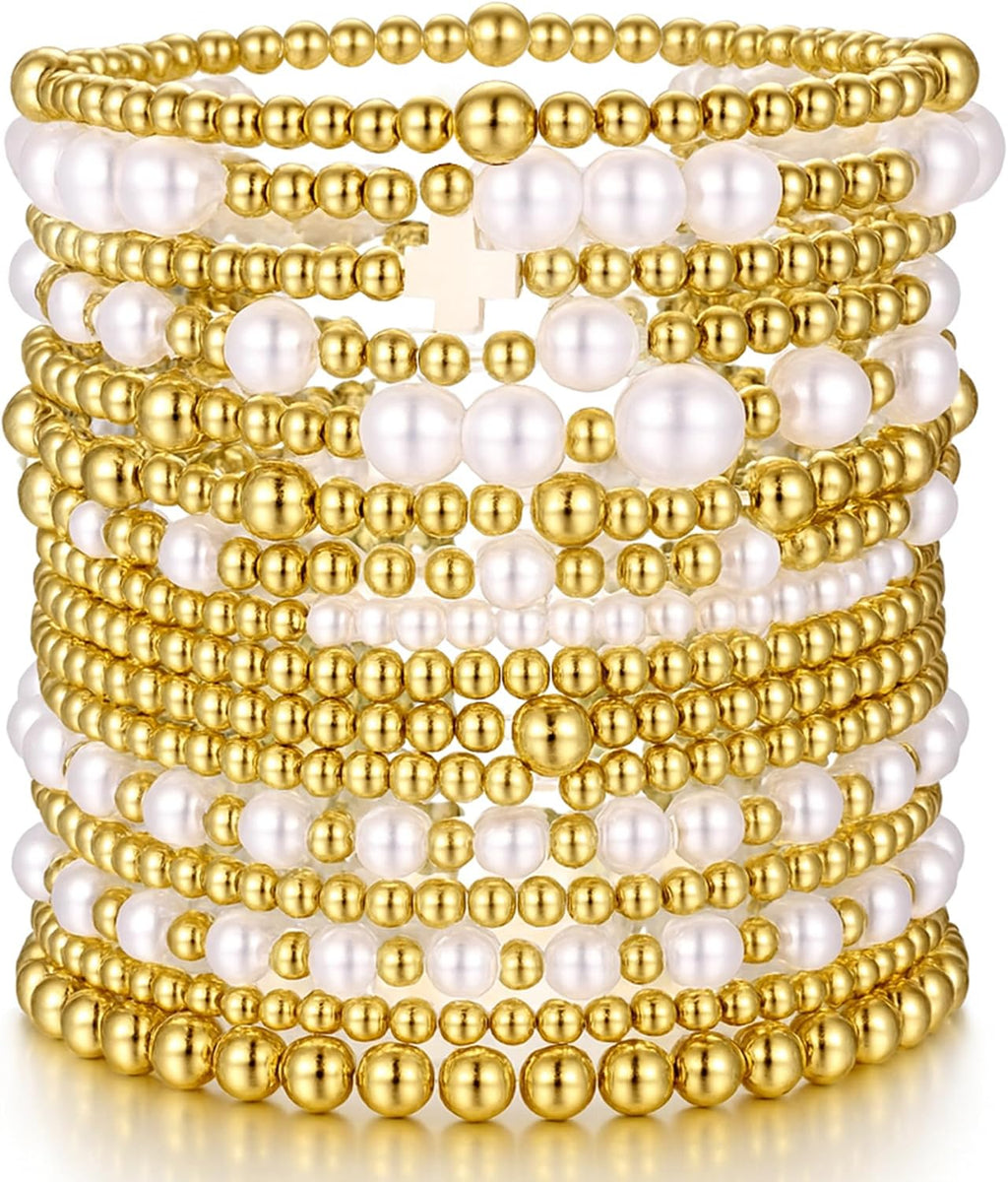 16 PCS Gold Bead Pearl Bracelet for Women, Gold Plated Beaded Strand Bead Ball Bracelets stack Adjustable Jewelry Set for Gifts
