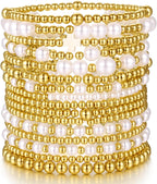 16 PCS Gold Bead Pearl Bracelet for Women, Gold Plated Beaded Strand Bead Ball Bracelets stack Adjustable Jewelry Set for Gifts