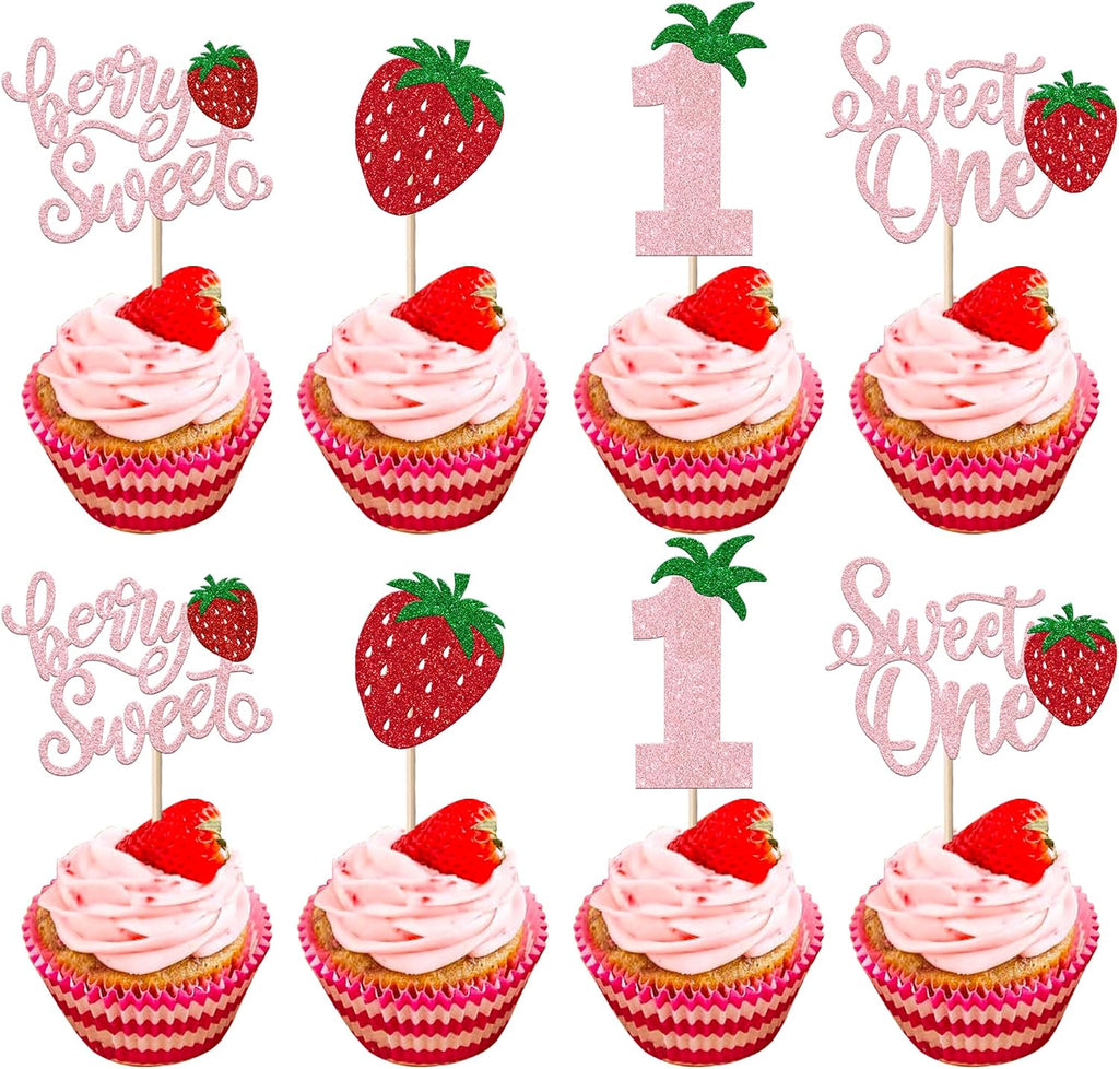 24 Pack Sweet One Cupcake Toppers Glitter First Birthday Strawberry Cupcake Picks for Fruit Baby Shower 1st Birthday Berry Sweet Cupcake Decorations Party Supplies Pink