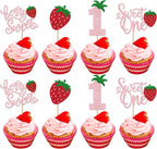 24 Pack Sweet One Cupcake Toppers Glitter First Birthday Strawberry Cupcake Picks for Fruit Baby Shower 1st Birthday Berry Sweet Cupcake Decorations Party Supplies Pink