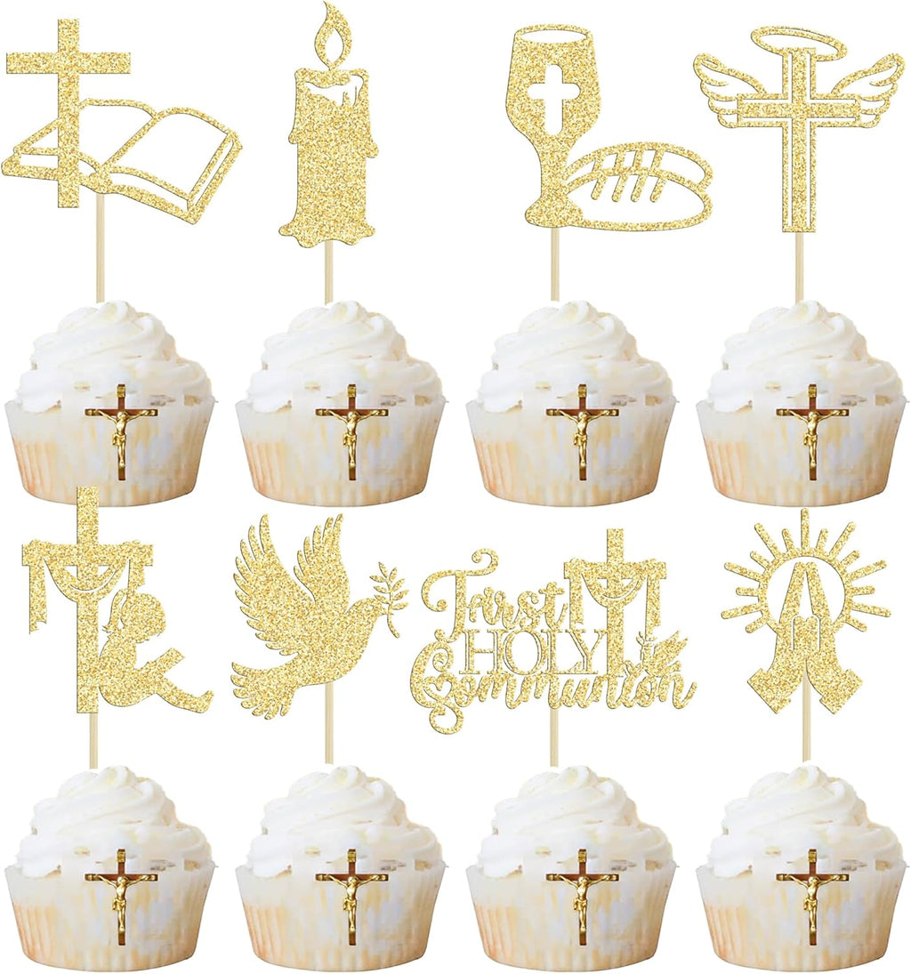 Ephlyn 32Pcs First Holy Communion Cupcake Toppers Glitter Dove Cross God Bless and Baptism Cupcake Picks First Communion Theme Baby Shower Birthday Party Cake Decorations Supplies Gold