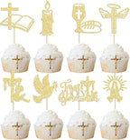 Ephlyn 32Pcs First Holy Communion Cupcake Toppers Glitter Dove Cross God Bless and Baptism Cupcake Picks First Communion Theme Baby Shower Birthday Party Cake Decorations Supplies Gold