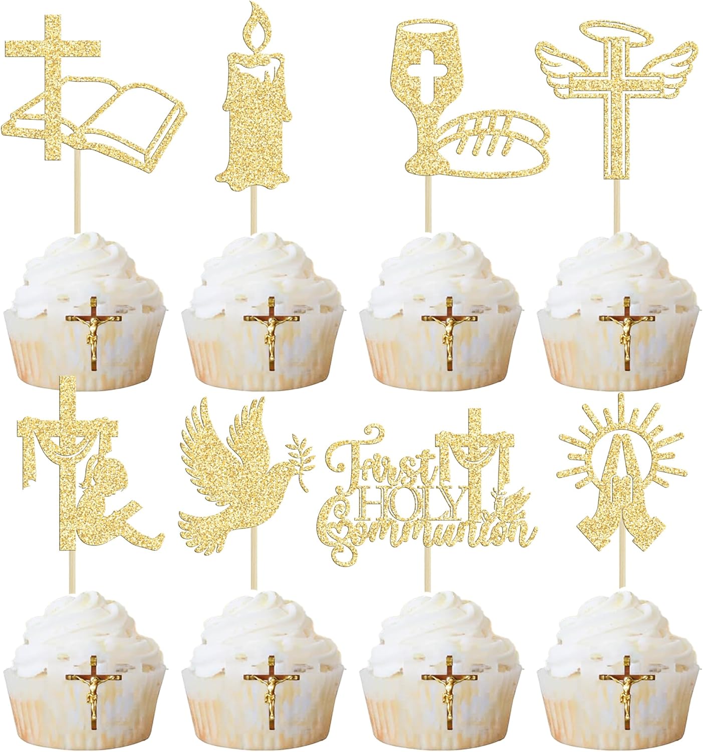 Ephlyn 32Pcs First Holy Communion Cupcake Toppers Glitter Dove Cross God Bless and Baptism Cupcake Picks First Communion Theme Baby Shower Birthday Party Cake Decorations Supplies Gold