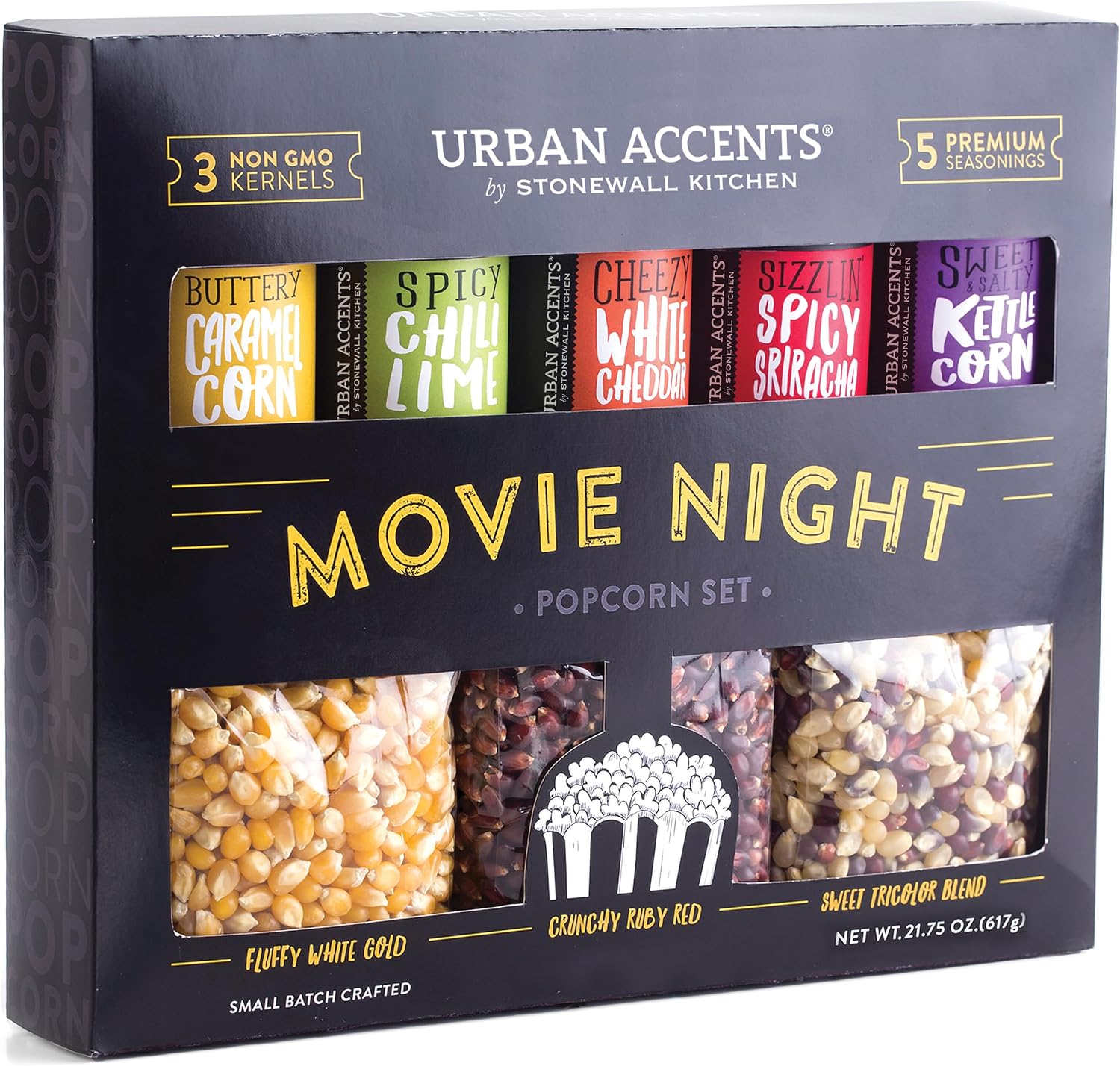 Urban Accents Movie Night Small-Batch Popcorn Gift Set – Includes 3 Gourmet non-GMO Popcorn Kernel Varieties & 5 Flavorful Seasonings – Perfect Snack Gift Box for Parties, Holidays, or Movie Lovers