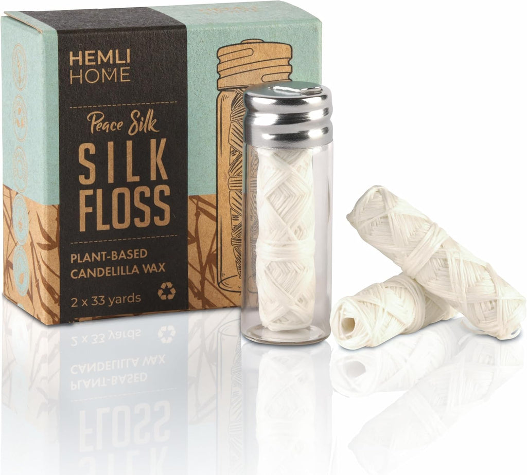 Biodegradable Silk Dental Floss with Refillable Glass Container, Compostable 3-Pack, Natural Silk Spool Eco-Friendly Zero Waste Oral Care, Mint Flavored