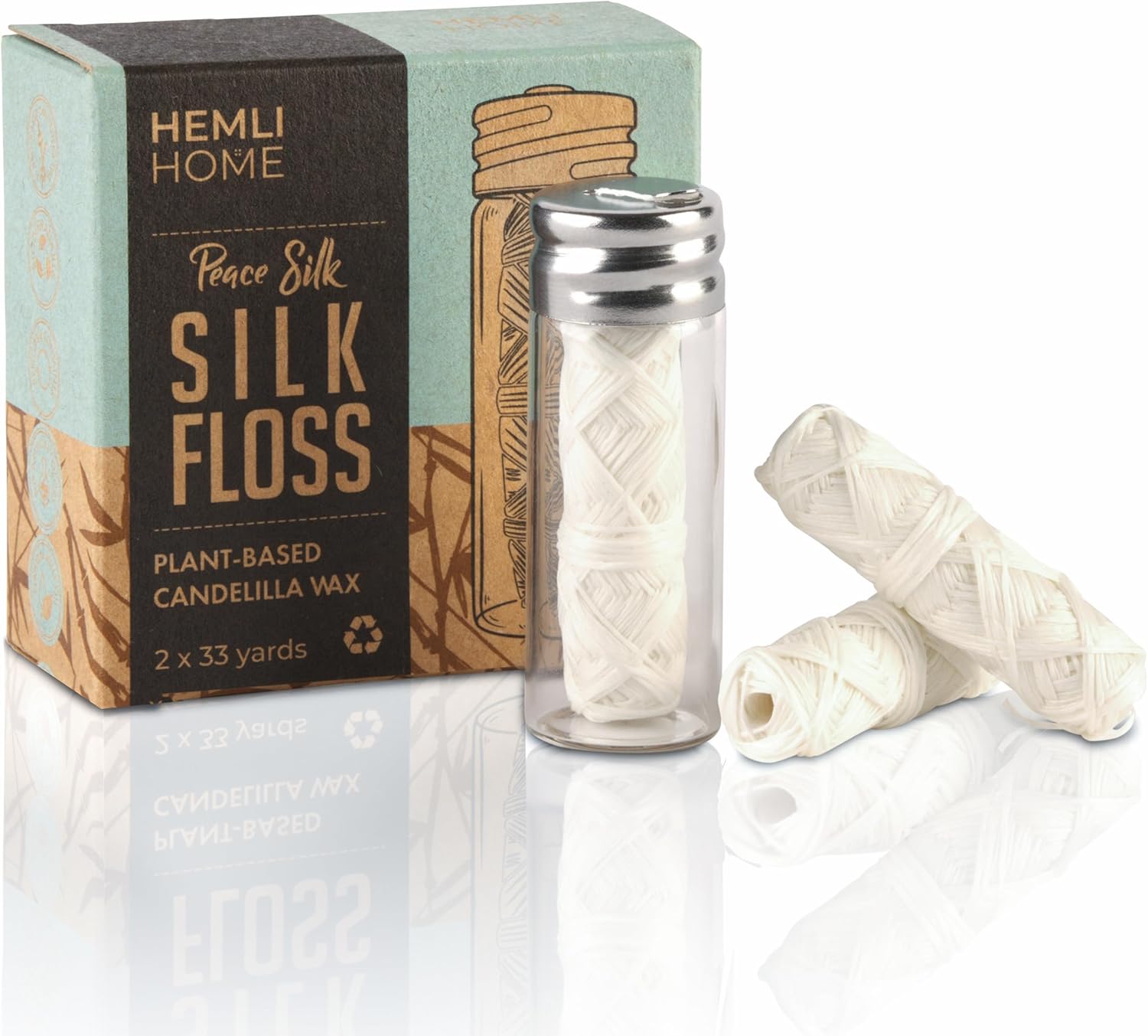 Biodegradable Silk Dental Floss with Refillable Glass Container, Compostable 3-Pack, Natural Silk Spool Eco-Friendly Zero Waste Oral Care, Mint Flavored
