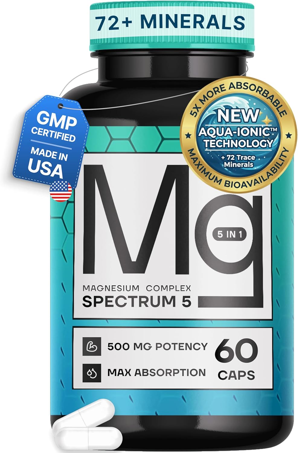 Spectrum 5 Magnesium | 5-in-1 Complex + 72 Trace Minerals for Enhanced Absorption | Irish Sea Sourced | 500mg per Serving | Made in USA, Third Party Tested, GMP Certified