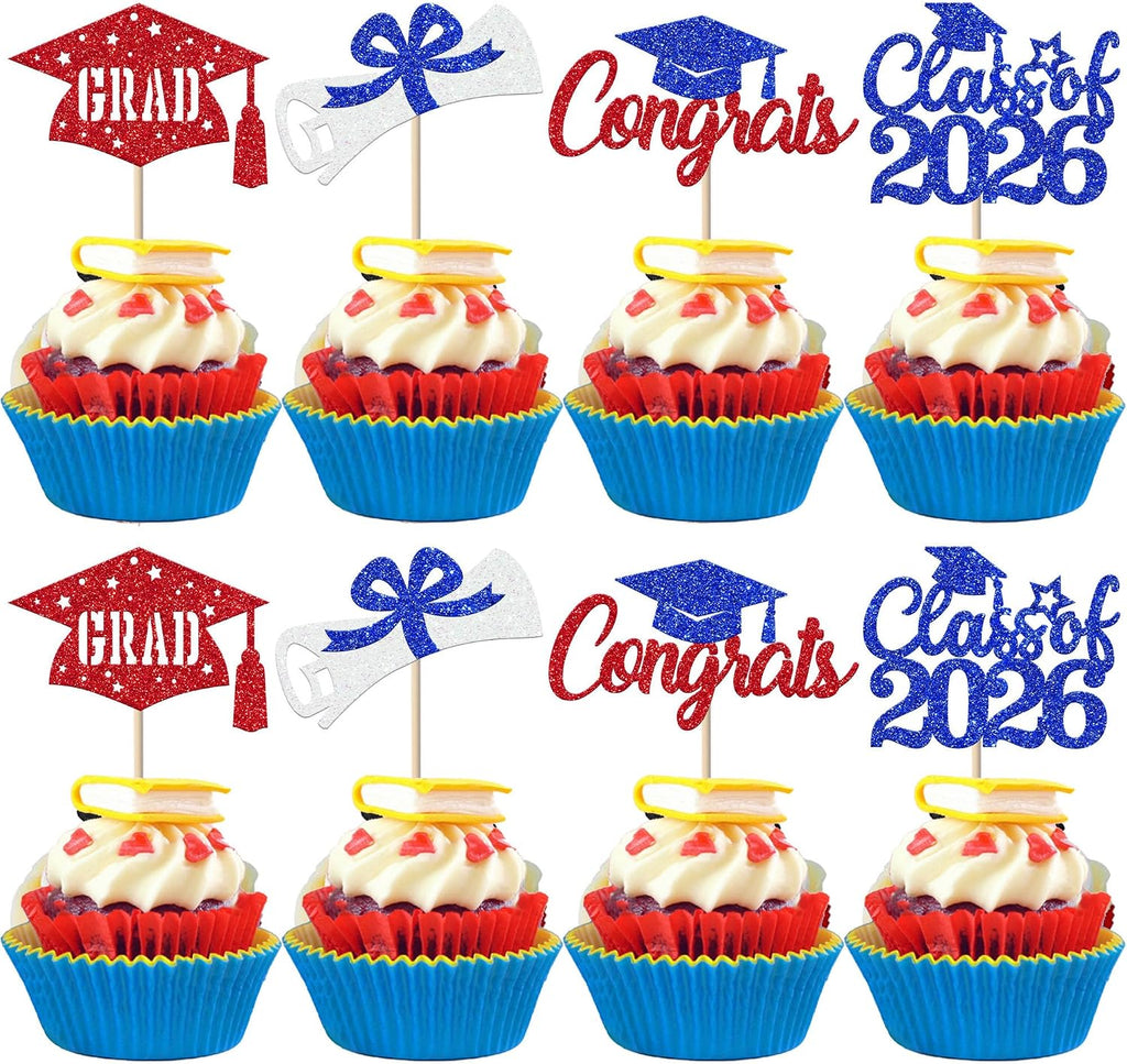 24 PCS 2026 Graduation Theme Cupcake Toppers Glitter Class of 2026 Diploma Congrats Grad Cap Cupcake Picks for 2026 Graduation Theme Party Cake Decorations Supplies Blue Red