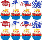 24 PCS 2026 Graduation Theme Cupcake Toppers Glitter Class of 2026 Diploma Congrats Grad Cap Cupcake Picks for 2026 Graduation Theme Party Cake Decorations Supplies Blue Red