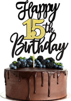 1 PCS Happy 15th Birthday Cake Topper Black Gold Glitter Cheers to 15 Years Birthday Cake Pick 15 Fabulous Cake Decoration for Happy 15th Birthday Anniversary Party Cake Decorations Supplies