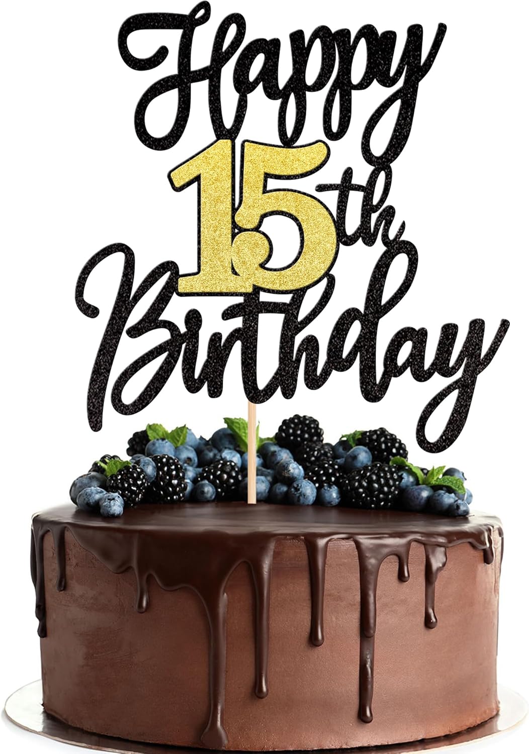 1 PCS Happy 15th Birthday Cake Topper Black Gold Glitter Cheers to 15 Years Birthday Cake Pick 15 Fabulous Cake Decoration for Happy 15th Birthday Anniversary Party Cake Decorations Supplies
