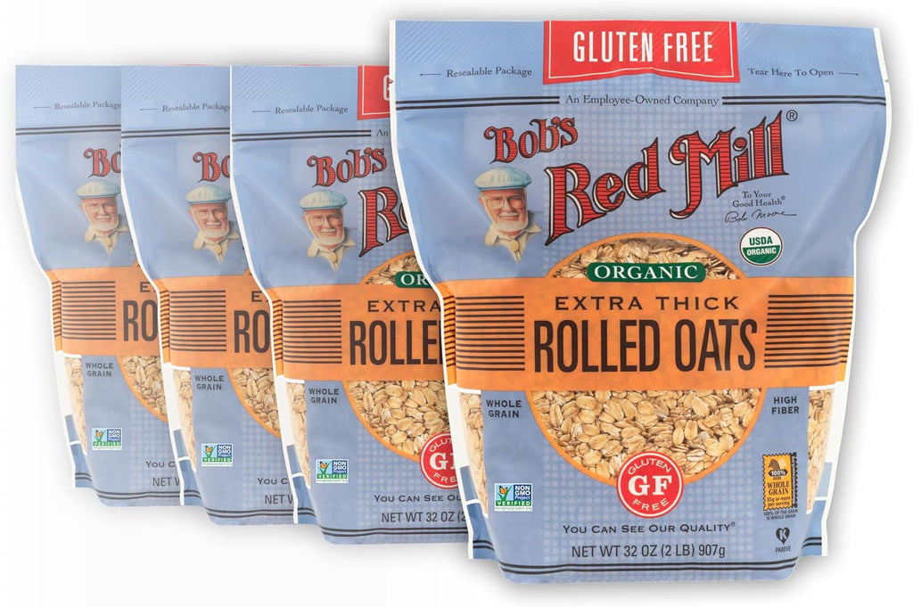 Bob's Red Mill Gluten Free Organic Extra Thick Rolled Oats, 32oz (Pack of 4) - Non GMO, Whole Grain, Vegan, Kosher