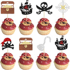 Gyufise 24Pcs Pirate Cupcake Toppers Glitter Nautical Sailing Skull Cap Flag Cupcake Picks for Pirate Theme Baby Shower Kids Birthday Party Cake Decorations Supplies