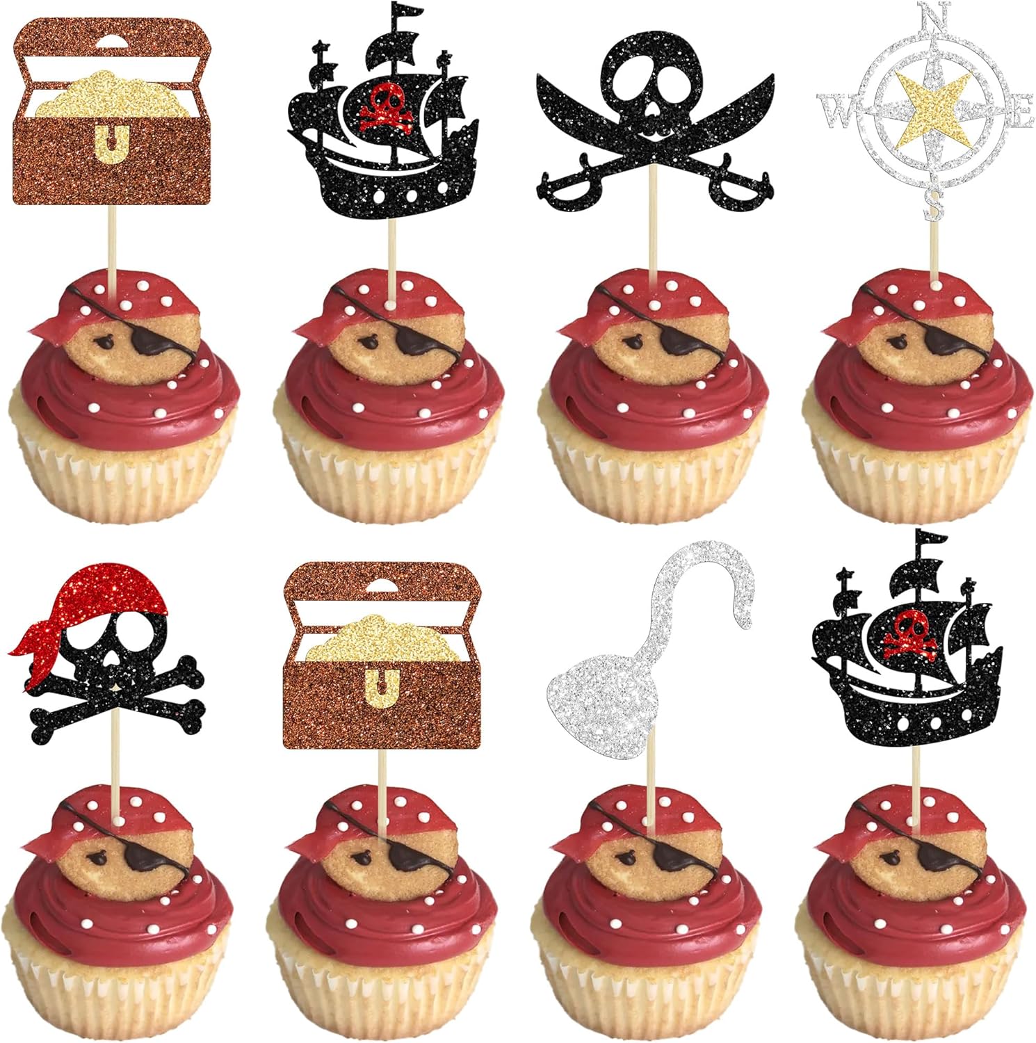 Gyufise 24Pcs Pirate Cupcake Toppers Glitter Nautical Sailing Skull Cap Flag Cupcake Picks for Pirate Theme Baby Shower Kids Birthday Party Cake Decorations Supplies