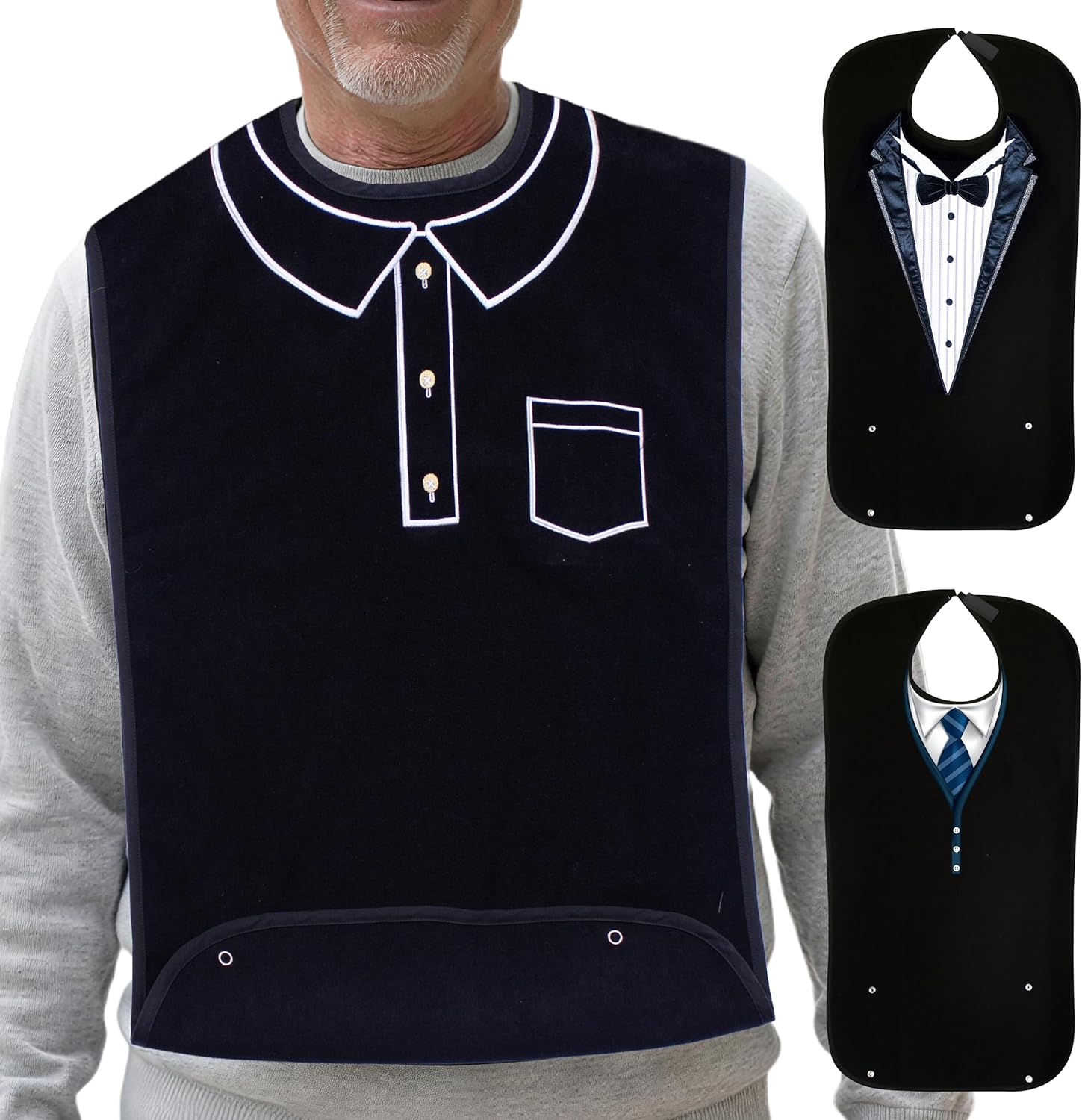 Adult Bibs for Men, Dress ‘n Dine™ Clothing Protectors for Eating, Senior Adult Bib Terry Cloth Crumb Catcher, Embroidered Design, Waterproof, Reusable, Washable (Polo)