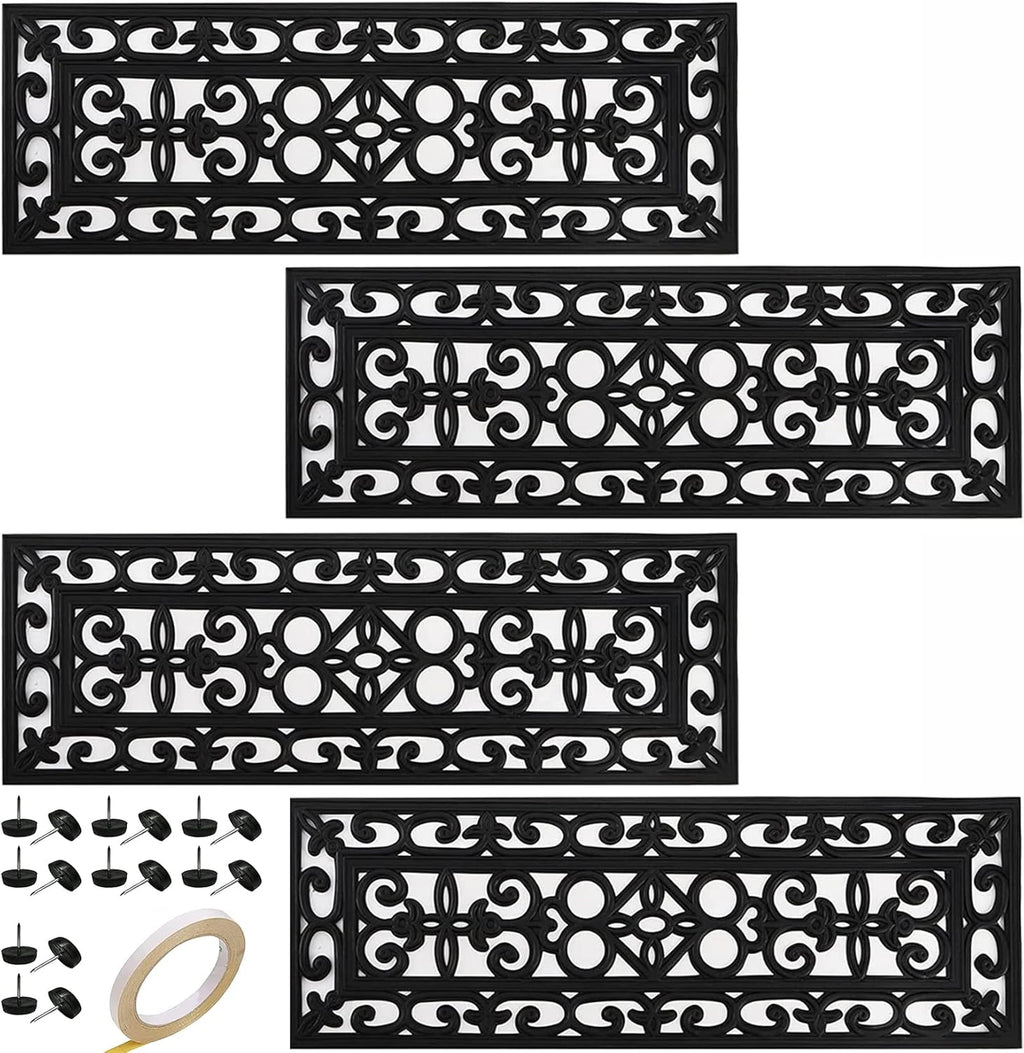 Yesland 4 Pack Rubber Stair Treads - 29.5 x 10 Inch Outdoor Stair Treads with Scroll Pattern Design Black Outdoor Step Mats - Anti Slip Tread Mat for Stairs
