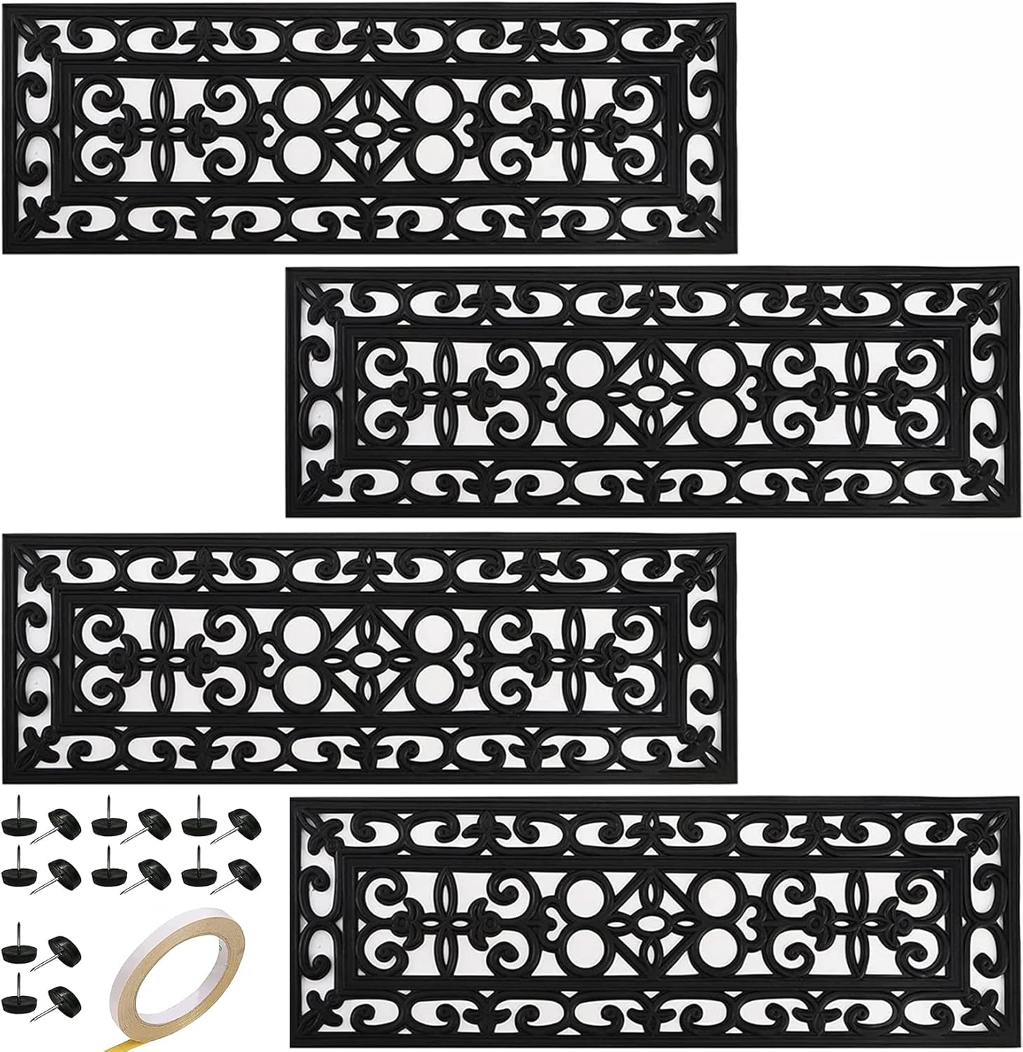 Yesland 4 Pack Rubber Stair Treads - 29.5 x 10 Inch Outdoor Stair Treads with Scroll Pattern Design Black Outdoor Step Mats - Anti Slip Tread Mat for Stairs
