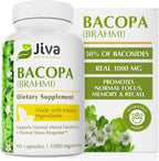 Jiva Botanicals Bacopa Monnieri Supplement Pure 1000mg per Serving - High Potency Bacopa Monnieri (Brahmi) & Extract for Normal Brain, Focus, & Memory Support - Ayurvedic Herbs - 60 Capsules