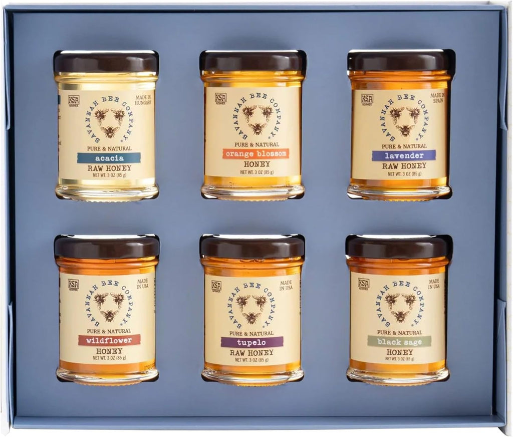 Savannah Bee Company Blossom to Bottle - 6 Jars of Different Varieties of Organic Honey in Unique Packaging