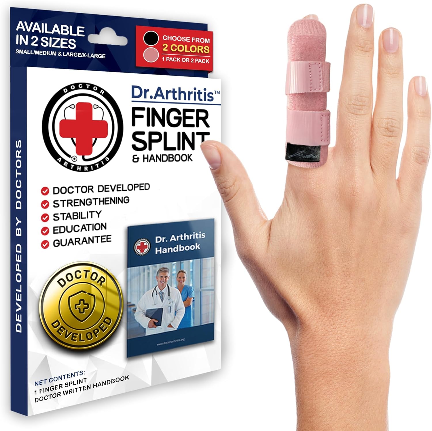 Doctor Developed Finger Splint & Handbook - Trigger Finger, Arthritis, RSI - Fits Ring, Index, Pinky & Middle - 2 sizes (Pink, L/XL)