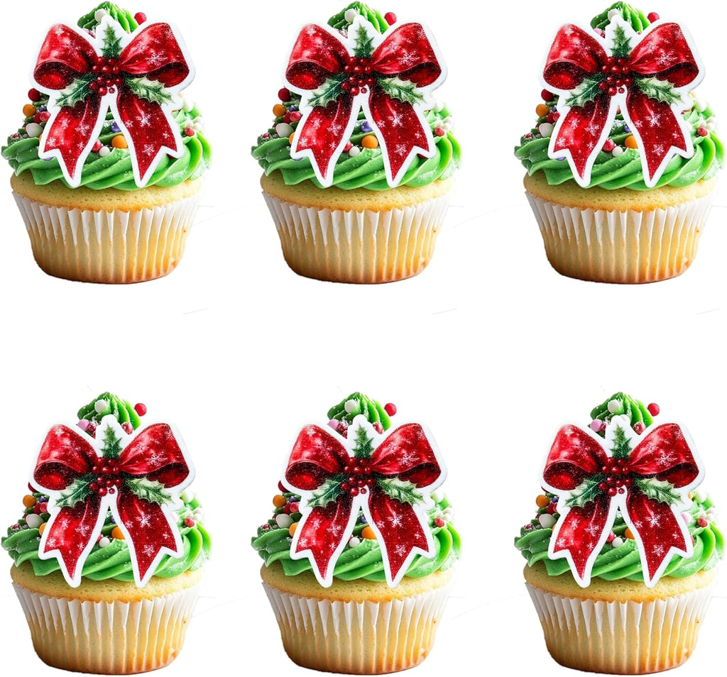 50 PCS Red Edible Holly Leaves Berries and Bow Cupcake Toppers Wafer Paper Holly Leaves Cake Toppers Edible Merry Christmas Cake Decorations Berries Bow Theme Birthday Xmas Party Decorations Supplies